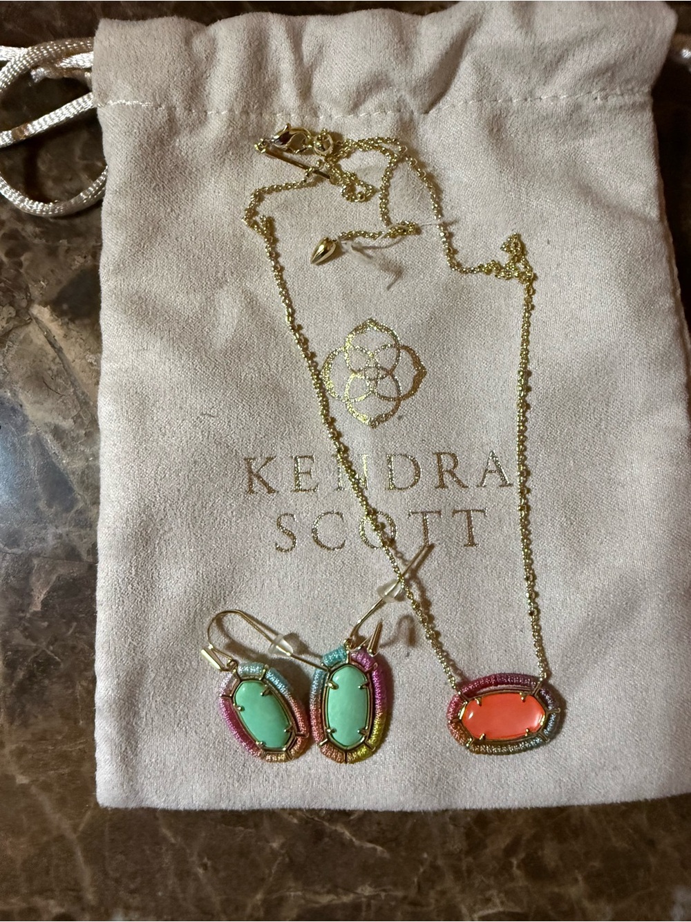 Kendra Scott Gold-Tone Necklace and Earrings with Coral and Mint Stones - Picture 1 of 1